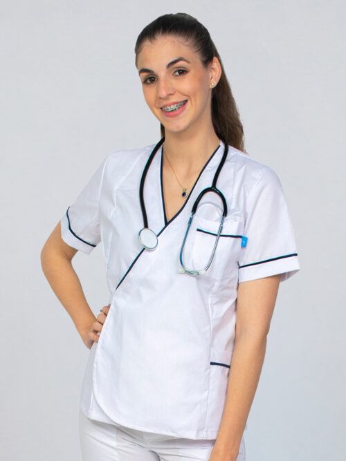 Chaqueta para Dama Cruzada con Cinto en Tela Arciel – Blanco y Azul