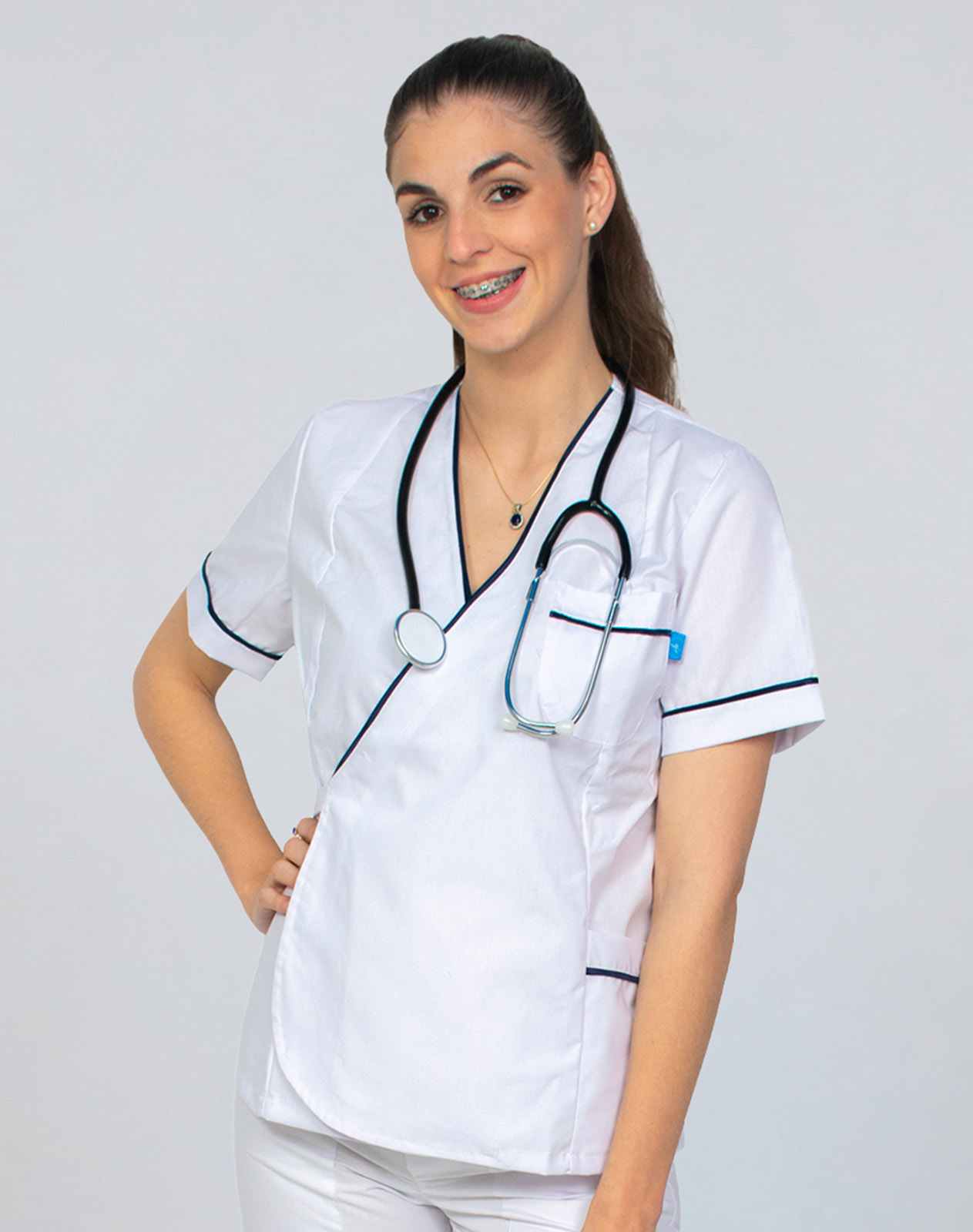 Chaqueta para Dama Cruzada con Cinto en Tela Arciel – Blanco y Azul