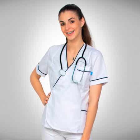 Chaqueta para Dama Cruzada con Cinto en Tela Arciel – Blanco y Azul