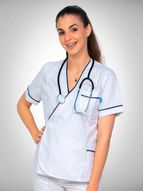 Chaqueta para Dama Cruzada con Cinto en Tela Arciel – Blanco y Azul