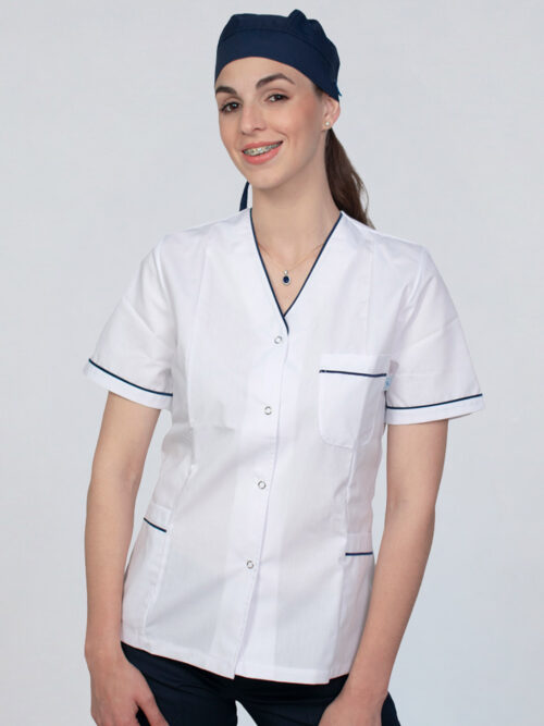 Chaqueta para Dama en Tela Arciel – Blanco con Vivos Azules