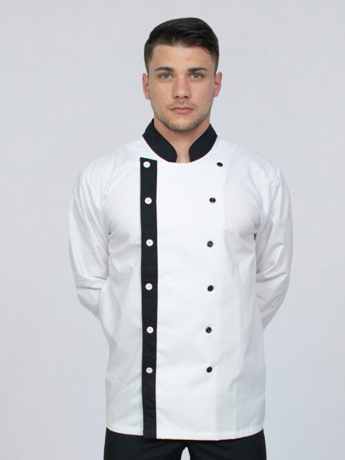 Chaqueta de Chef Unisex en Tela Arciel – Blanco con Vivos Negros