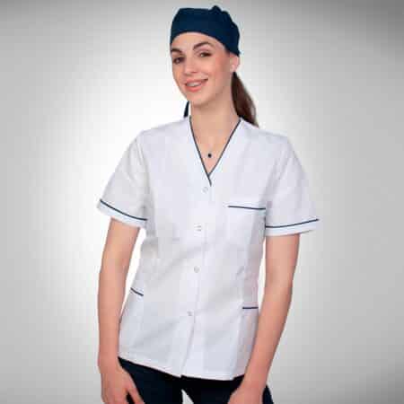 Chaqueta para Dama en Tela Arciel – Blanco con Vivos Azules