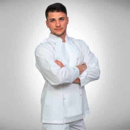 Chaqueta de Chef Unisex en Tela Arciel – Blanco con Vivos Negros