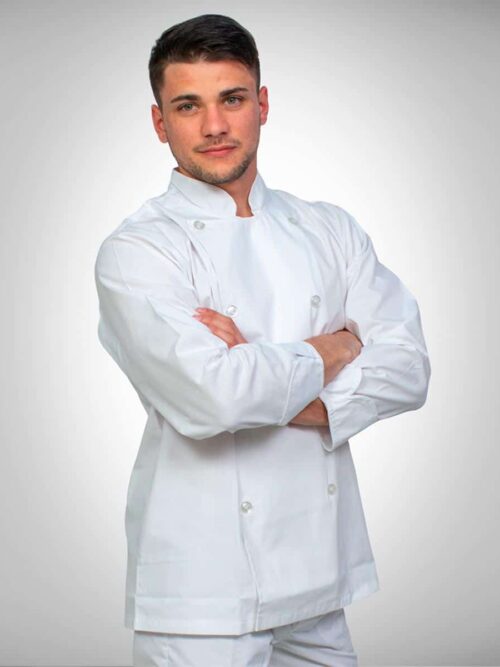 Chaqueta de Chef Unisex en Tela Arciel – Blanco con Vivos Negros